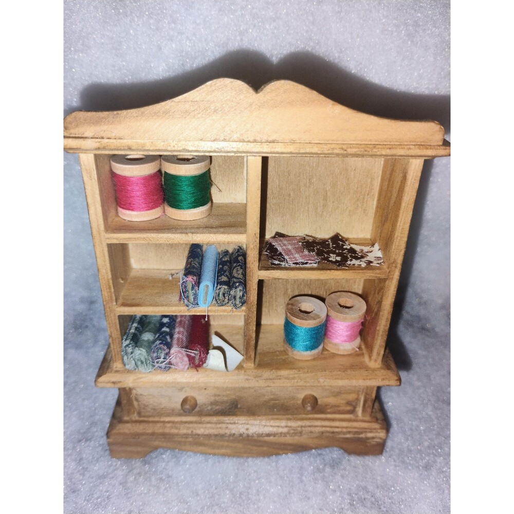 Vintage 1:12 Dollhouse Miniature Wood Sewing Hutch Cabinet Fully Loaded Artisan